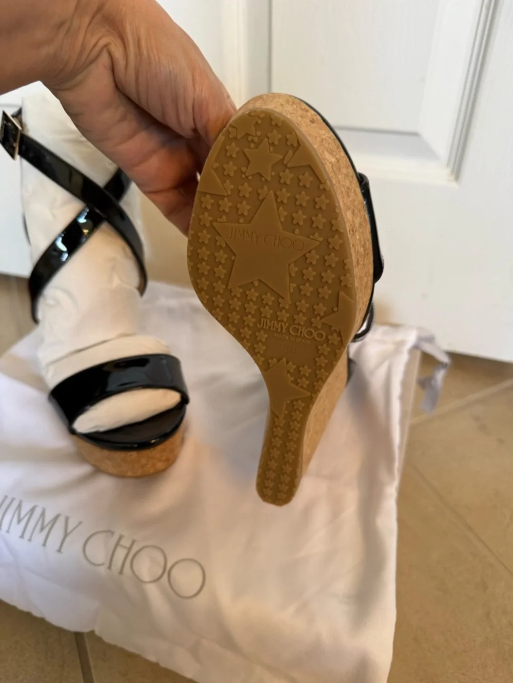Jimmy Choo Portia Black Patent Leather Cork Wedge Sandals Size 38 NIB